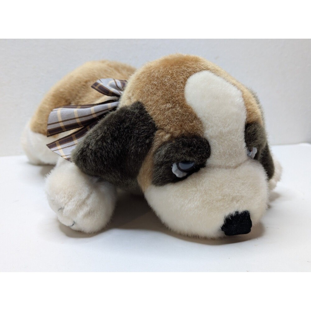 Russ St Bernard Puppy Dog Plush 10” BARRELS with Plaid Bow Vintage Lying Sleepy